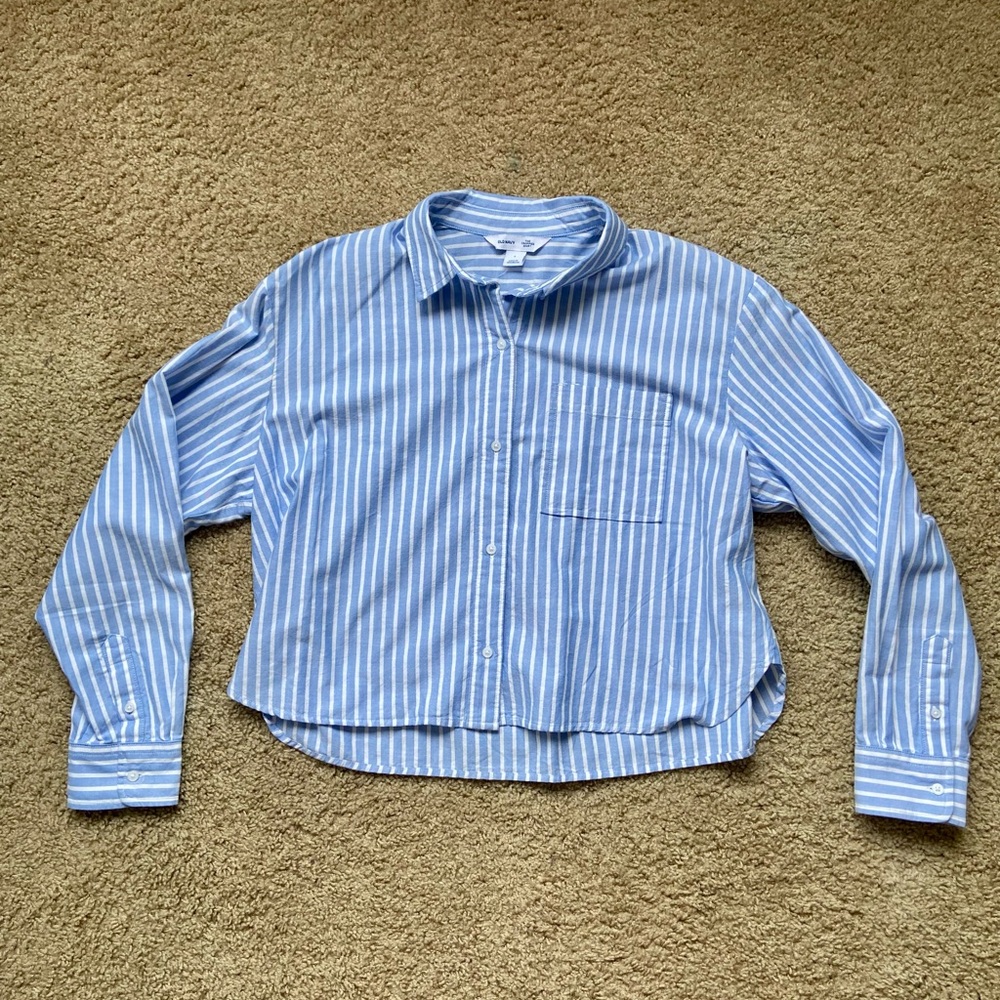 Old Navy NWT Large The Cropped Shirt Blue Striped Button Down Shirt